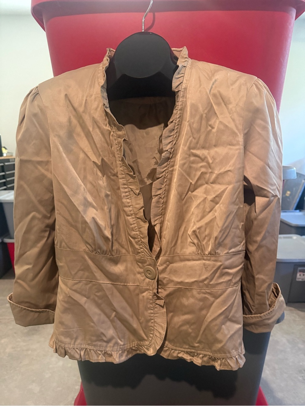 Womens Taupe Ruffle-Trim Button Front Jacket p70